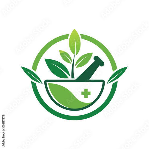 Pharmacy logo with bowl and leaves herbal medicine.Logos for medicine, doctor, hospital and pharmacy. icon vector