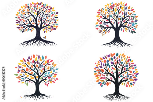 Abstract tree with roots and leaves, Tree with roots and multicolored leaves vector, Beautiful tree and roots,  Abstract tree and colorful leaves
