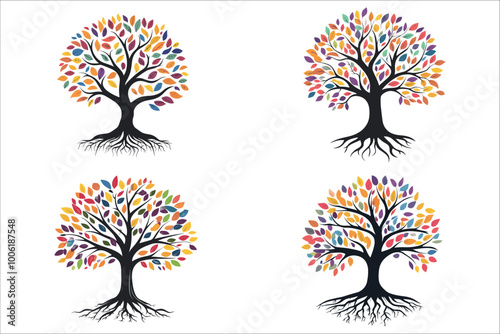 Abstract tree with roots and leaves, Tree with roots and multicolored leaves vector, Beautiful tree and roots,  Abstract tree and colorful leaves