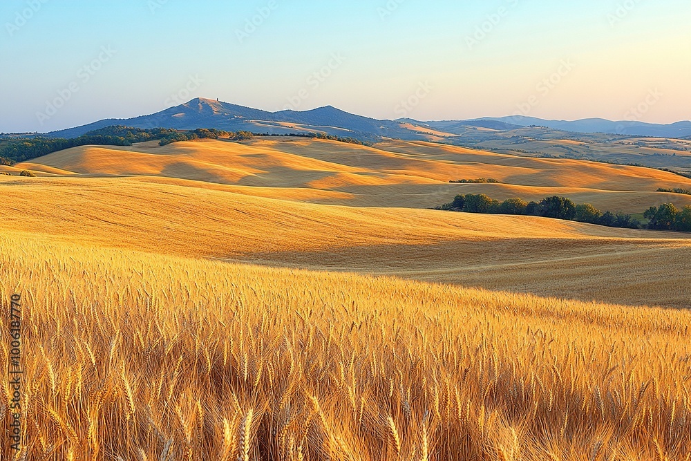 Obraz premium A detailed close-up panoramic view of golden wheat fields gently swaying in the breeze under a clear azure sky during a vibrant sunset. Warm sunlight casts a golden glow over the landscape.