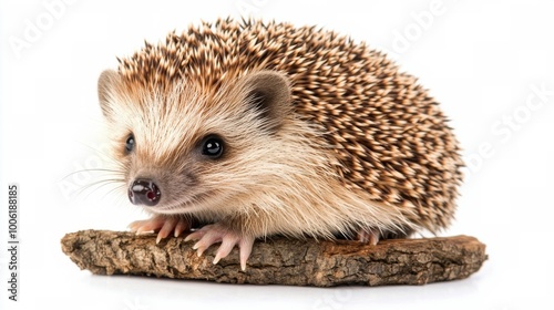 Curious hedgehog sitting quietly on a white surface in a bright, minimalistic...