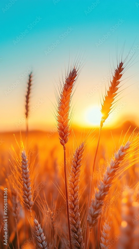 A detailed close-up panoramic view of golden wheat fields gently swaying in the breeze under a clear azure sky during a vibrant sunset. Warm sunlight casts a golden glow over the landscape. A detailed close-up panoramic view of golden wheat fields gently swaying in the breeze under a clear azure sky during a vibrant sunset. Warm sunlight casts a golden glow over the landscape.