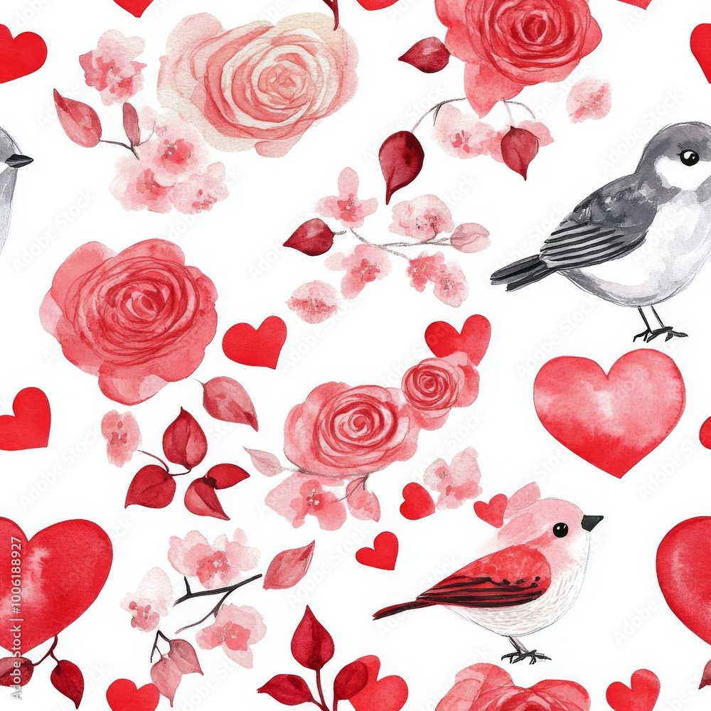 Colorful pattern featuring roses, hearts, and a bird on a white background Colorful pattern featuring roses, hearts, and a bird on a white background