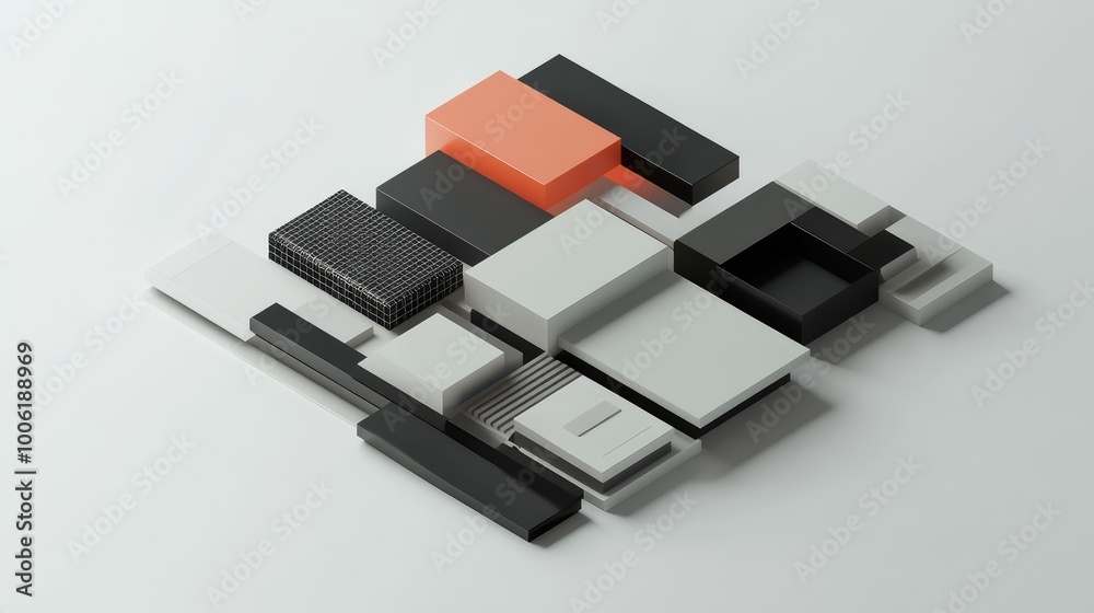 Simplified supplies arranged in an abstract, geometric layout, with clean lines and sharp angles, all floating in a minimalist 3D space. Simplified supplies arranged in an abstract, geometric layout, with clean lines and sharp angles, all floating in a minimalist 3D space.