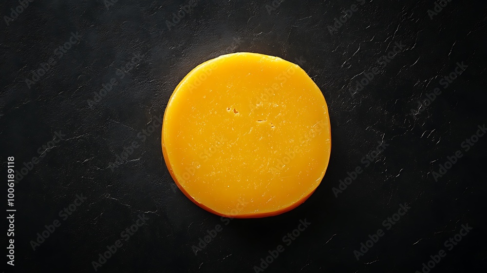 Single slice of Gouda cheese with smooth, clean edges, centered on a dark minimalist backdrop. Gentle light from above, soft shadows, minimalist composition, isolated subject, vivid yellow,