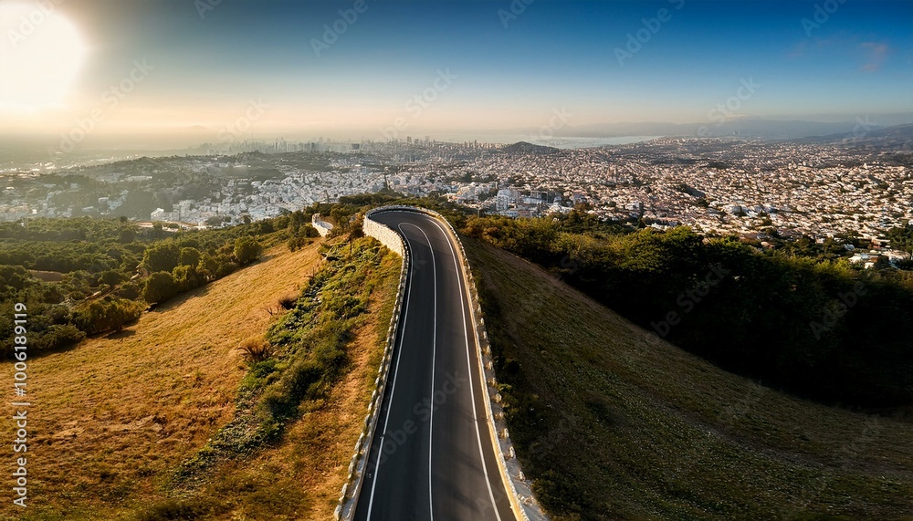 empty asphalt road panoramic perspective on a hill with city view background aerial photography, rounded, birds-eye-view, luminous shadows, low depth of field. empty asphalt road panoramic perspective on a hill with city view background aerial photography, rounded, birds-eye-view, luminous shadows, low depth of field.