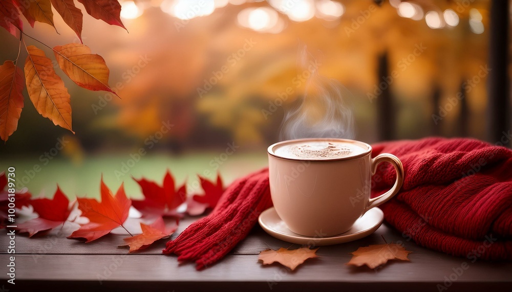 Gathering autumn's warmth, a cup of hot chocolate sits beside a red scarf and vibrant leaves, inviting a cozy atmosphere perfect for the season's welcoming spirit Gathering autumn's warmth, a cup of hot chocolate sits beside a red scarf and vibrant leaves, inviting a cozy atmosphere perfect for the season's welcoming spirit