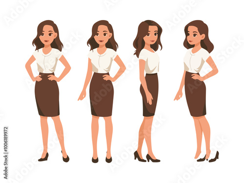 Young business woman standing in different poses. Isolated vector illustration set