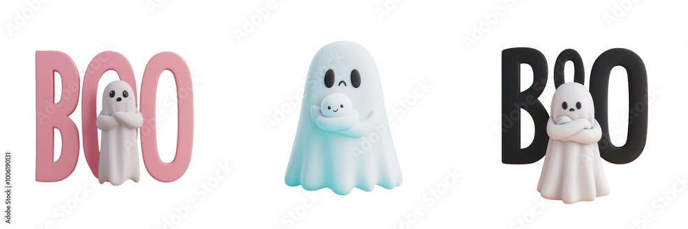 3D set of Playful ghost characters with letters spelling 'BOO'. Fun and colorful design for Halloween-themed celebrations or decorations. 3D set of Playful ghost characters with letters spelling 'BOO'. Fun and colorful design for Halloween-themed celebrations or decorations.