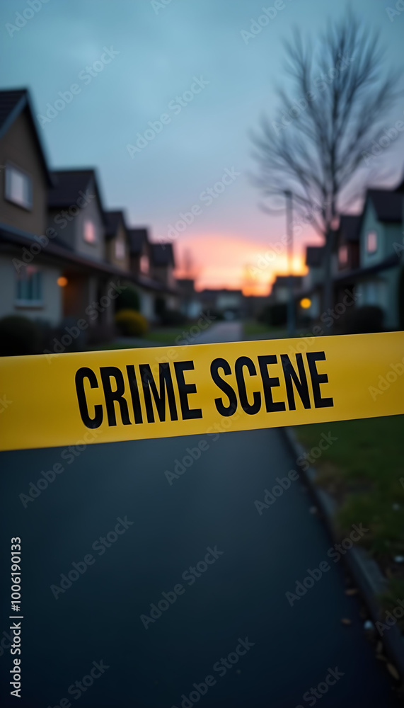 Obraz premium Crime Do Not Cross Tape Yellow Investigation Police Residential Street 