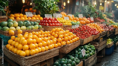 Vibrant Fruits and Vegetables at an Outdoor Market