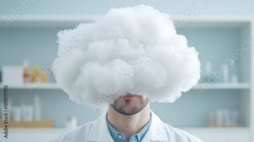 Man in white coat with cloud on his head. Hard work or daydreaming