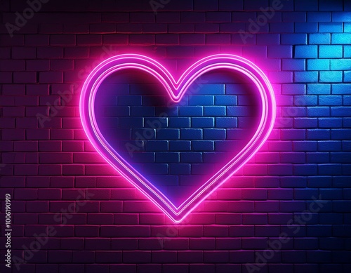 Neon heart with a glow on the background of a dark brick wall. Neon sign pink and blue. Created with Generative AI technology.