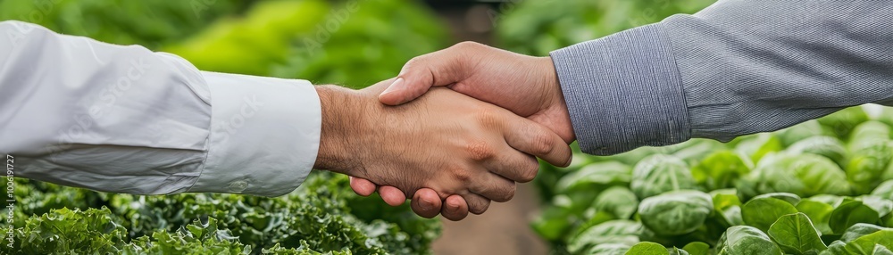 Fototapeta premium Two hands shake in agreement amidst a vibrant green backdrop of fresh vegetables, symbolizing partnership and cooperation.