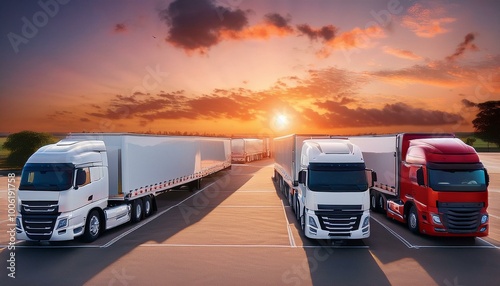 Semi Trailer Trucks the Parking lot at The Sunset Sky. Delivery Trucks. Cargo Shipping. Lorry. Industry Freight Truck Logistics Cargo Transport. Created with Generative AI technology.