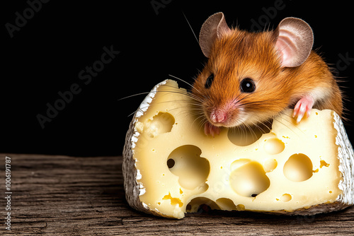 a playful mouse peeking out from a chunk of Swiss cheese, whimsical scene photo