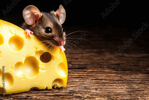 a playful mouse peeking out from a chunk of Swiss cheese, whimsical scene photo