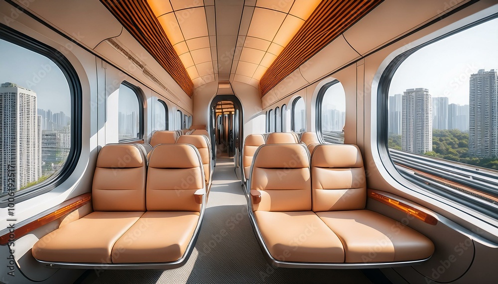 The sleek interior of an electric train showcases beige leather seats and expansive windows, providing travelers with stunning city views as it moves