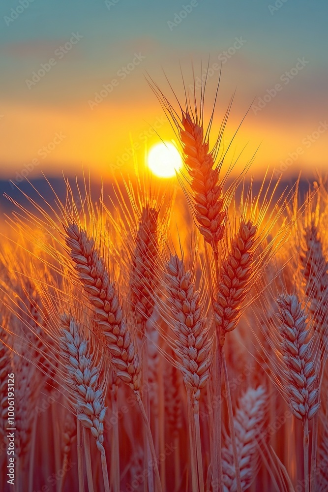 A detailed close-up panoramic view of golden wheat fields gently swaying in the breeze under a clear azure sky during a vibrant sunset. Warm sunlight casts a golden glow over the landscape. A detailed close-up panoramic view of golden wheat fields gently swaying in the breeze under a clear azure sky during a vibrant sunset. Warm sunlight casts a golden glow over the landscape.
