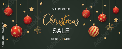 Special offer holiday banner with red and gold Christmas baubles