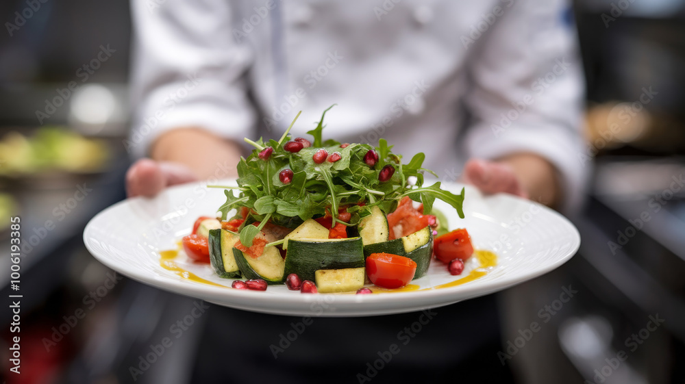 A photo of a colorful plate of vegetables, elegantly presented by the chef, with fresh and natural ingredients that stand out for their vibrant and appetizing appearance. A photo of a colorful plate of vegetables, elegantly presented by the chef, with fresh and natural ingredients that stand out for their vibrant and appetizing appearance.