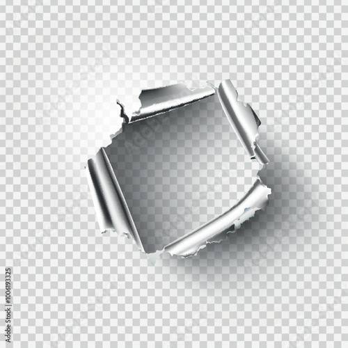 ragged Hole torn in ripped metal on transparent background