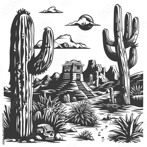 A Black and White Illustration of an Ancient Mayan Temple in a Desert Landscape