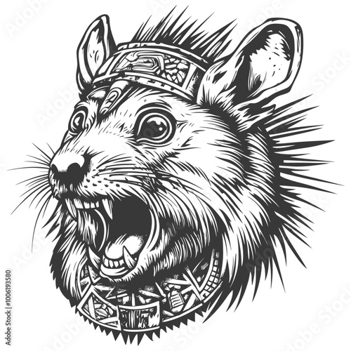 A Black and White Illustration of a Rat with a Spiky Hairstyle and Tribal Jewelry