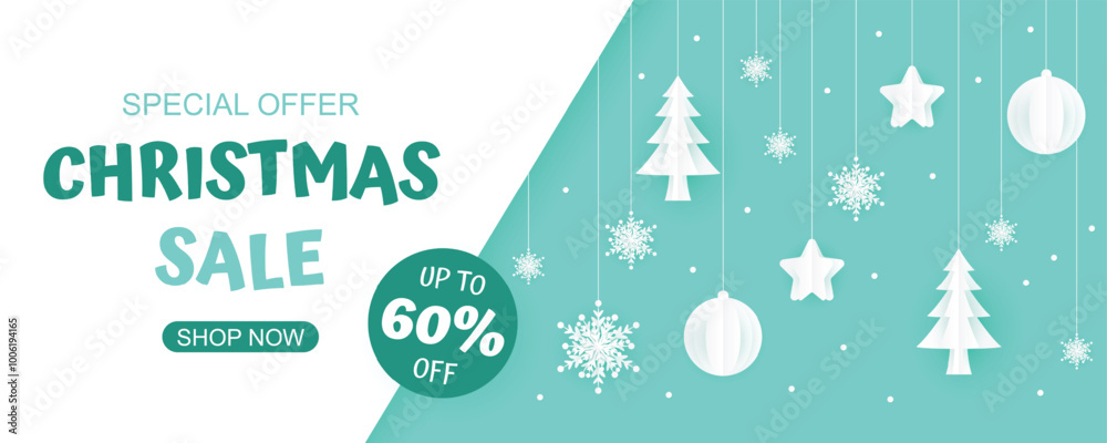 Naklejka premium Modern holiday sale design with paper cutout Christmas decorations