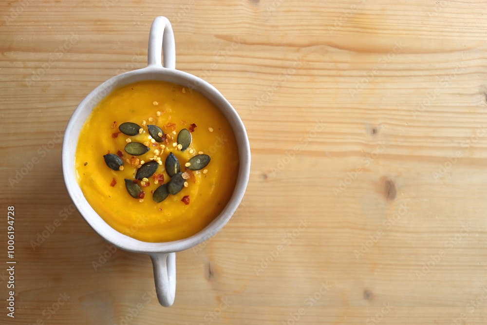 Bowl of creamy pumpkin and potato soup, with pumpkin seeds and chilli flakes toppings. Top view, wooden background. Bowl of creamy pumpkin and potato soup, with pumpkin seeds and chilli flakes toppings. Top view, wooden background.