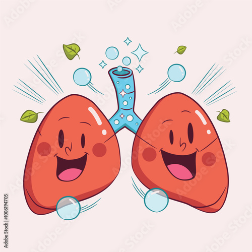 A cheerful cartoon of healthy lungs with a bright, smiling expression.