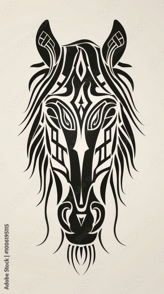 Fototapeta premium Detailed tribal-style zebra head illustration in black and white, perfect for tattoos, prints, and artistic projects.