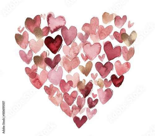 Colorful watercolor hearts create a vibrant love-themed design for celebrator...