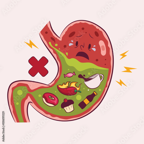 A cute cartoon of a sad, unhealthy stomach for teaching kids about bad habits