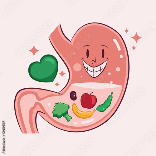 Cute Happy Stomach Cartoon with Healthy Food, Kids Health Illustration