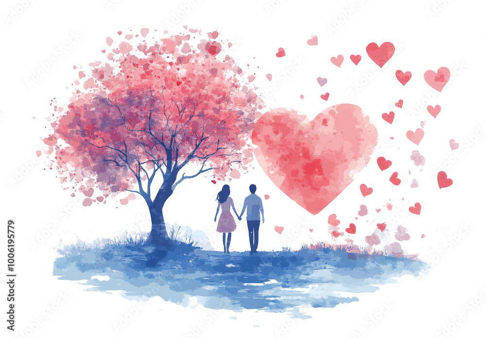 Couple standing under a blossoming tree, surrounded by floating hearts in a serene landscape Couple standing under a blossoming tree, surrounded by floating hearts in a serene landscape