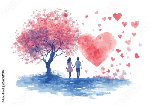 Couple standing under a blossoming tree, surrounded by floating hearts in a s...