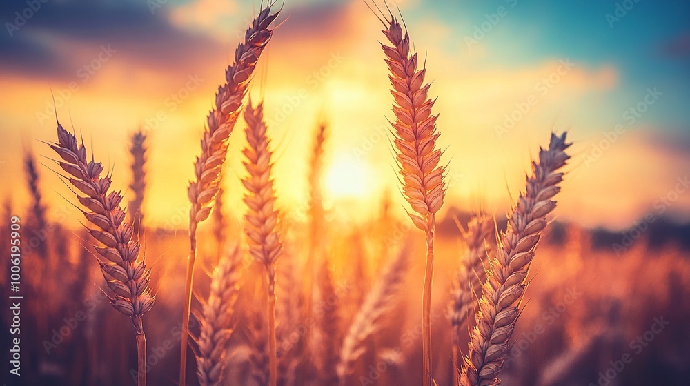 A detailed close-up panoramic view of golden wheat fields gently swaying in the breeze under a clear azure sky during a vibrant sunset. Warm sunlight casts a golden glow over the landscape. A detailed close-up panoramic view of golden wheat fields gently swaying in the breeze under a clear azure sky during a vibrant sunset. Warm sunlight casts a golden glow over the landscape.