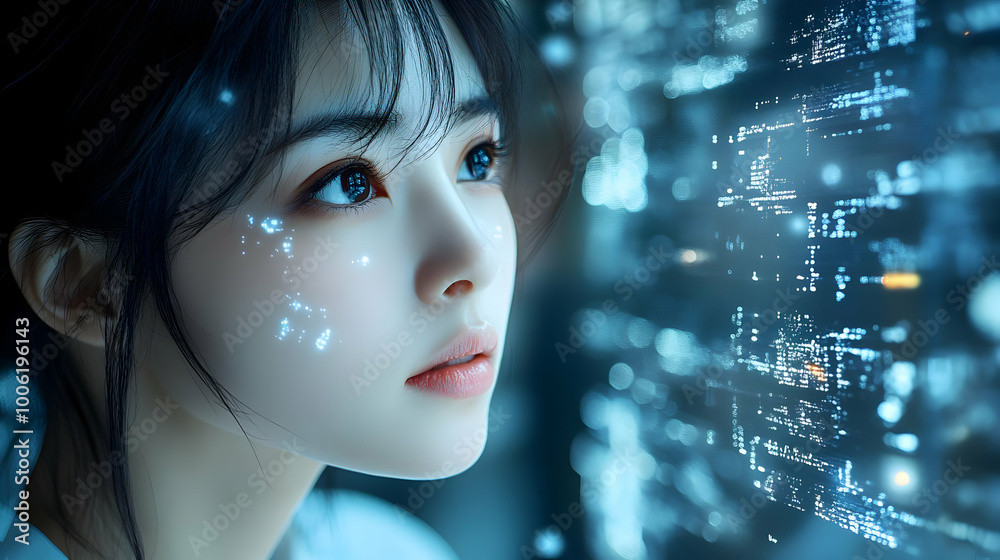 Woman Looking at Digital Code, Digital Art, Futuristic Concept, Technology Woman Looking at Digital Code, Digital Art, Futuristic Concept, Technology