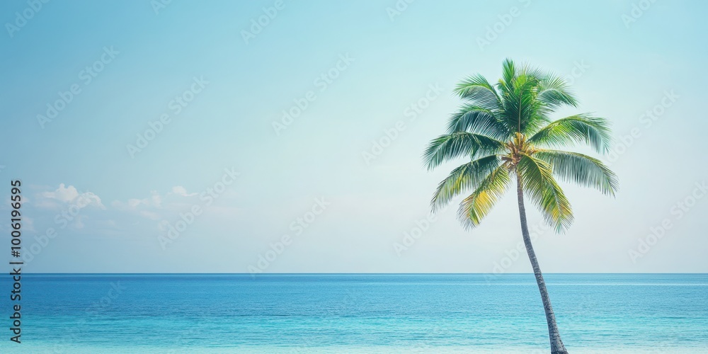 A serene beach scene featuring a lone palm tree against a clear blue sky and tranquil ocean waves, perfect for vacation themes. A serene beach scene featuring a lone palm tree against a clear blue sky and tranquil ocean waves, perfect for vacation themes.