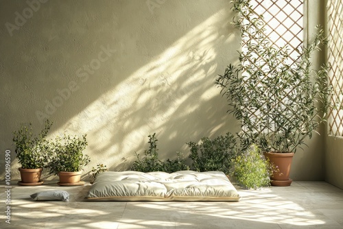 A pale olive room with a floor mattress and a potted herb garden Sunlight dapples through a trellis window photo