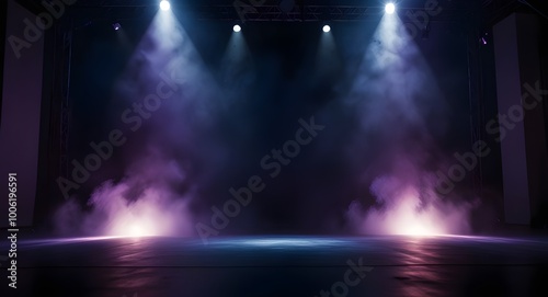 Stage light background with blue and purple spotlight illuminated the stage with smoke. Empty stage for show with backdrop decoration.