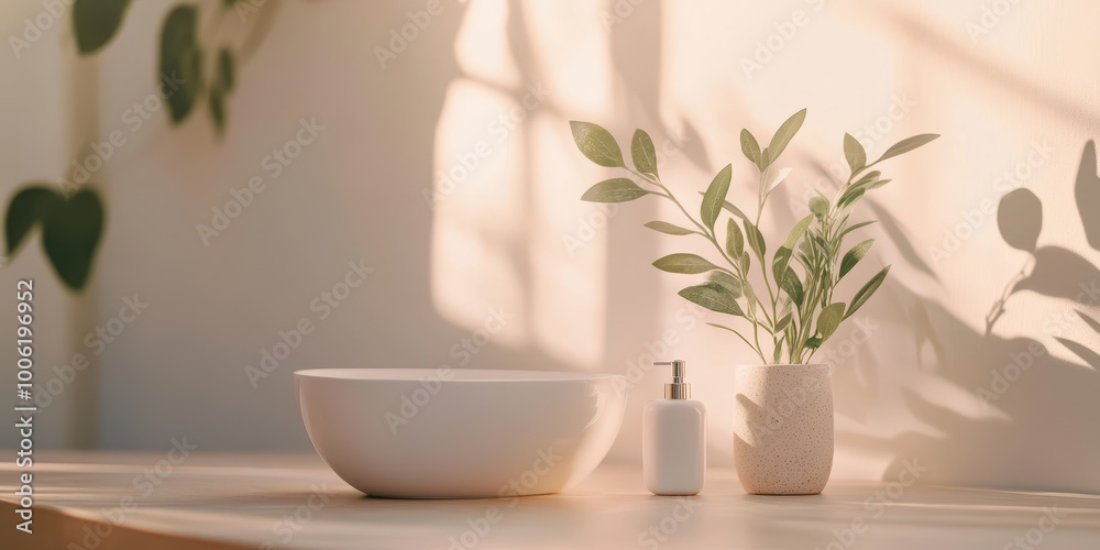 Fototapeta premium A serene composition featuring a bowl, a soap dispenser, and a plant, bathed in soft natural light and gentle shadows.