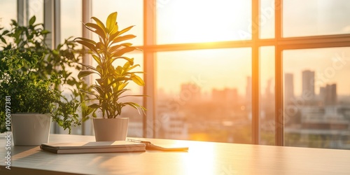 Fototapeta Naklejka Na Ścianę i Meble -  A serene indoor view with potted plants beside a window, illuminating the space with a warm sunset glow.
