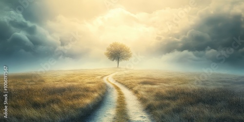 A serene landscape featuring a solitary tree under a dramatic sky, surrounded by golden grass and a meandering path. photo