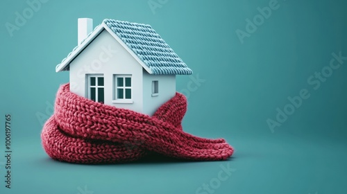 House wrapped in a knitted scarf symbolizing warmth and energy efficiency. Simple background clean design for a winter heating and energy banner. photo