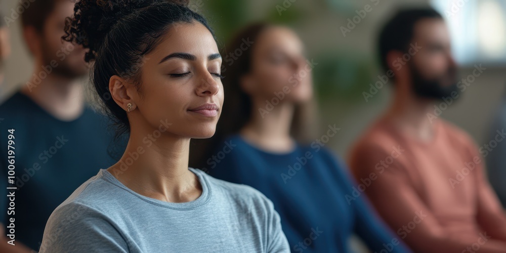 A serene moment of mindfulness captured in a diverse group meditation session, emphasizing tranquility and inner peace. A serene moment of mindfulness captured in a diverse group meditation session, emphasizing tranquility and inner peace.