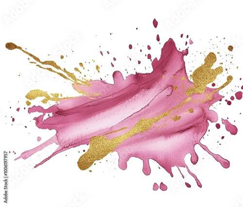 Vibrant pink and gold watercolor abstract art splashes created on a white can...