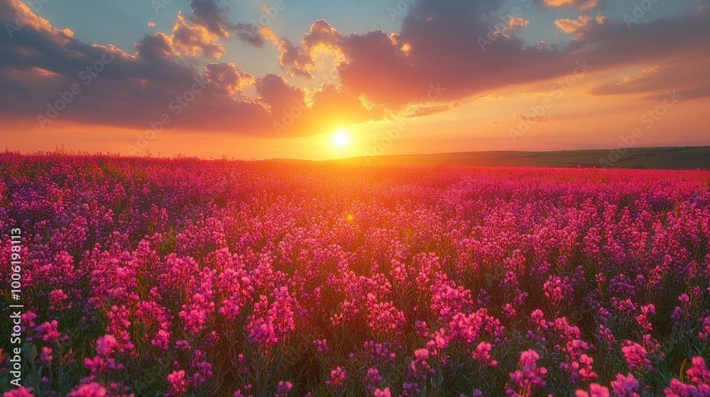 Sunset Over a Field of Pink Flowers Sunset Over a Field of Pink Flowers