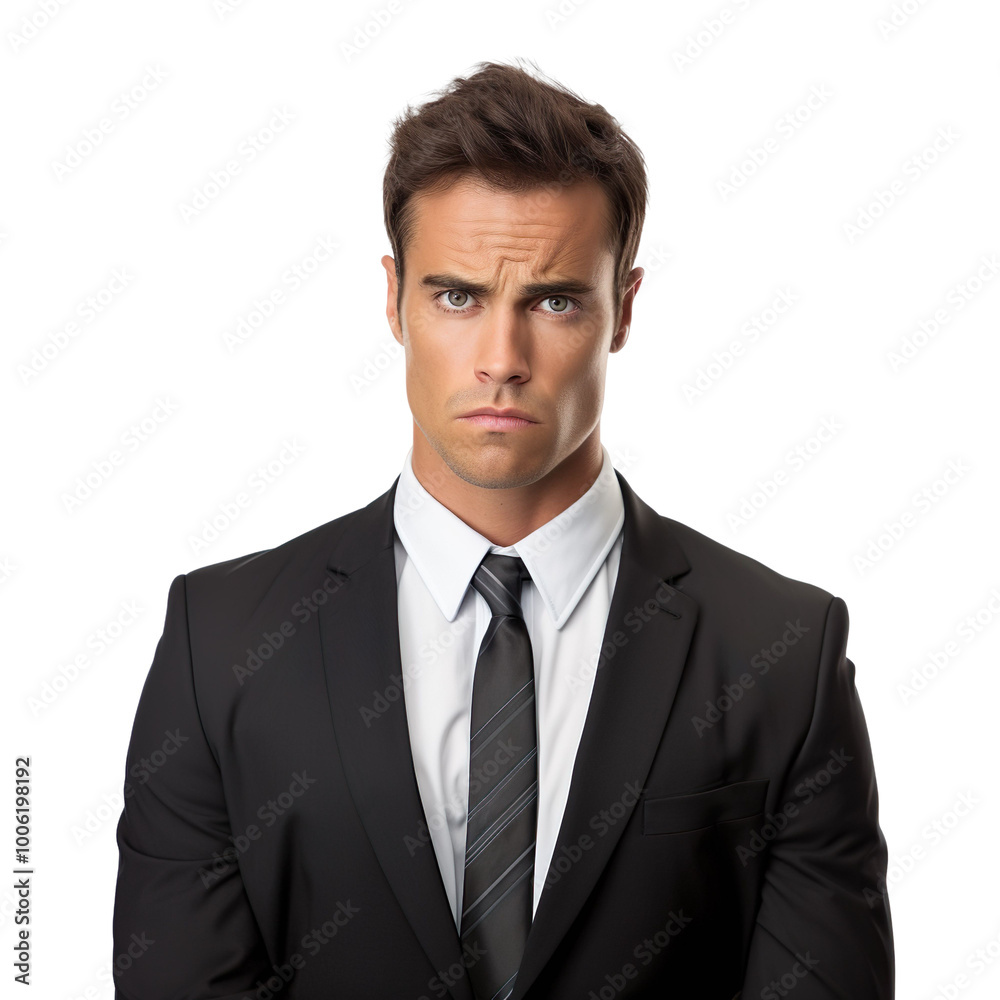 A young handsome business man with an upset expression isolated on transparent background